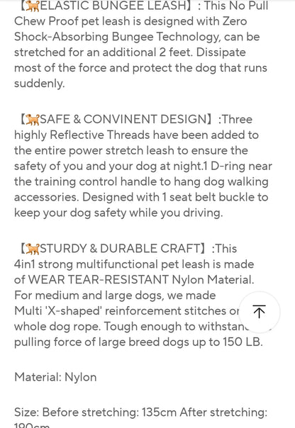 Heavy duty tactical bungee leash shock absorbing reflective, no pull.
